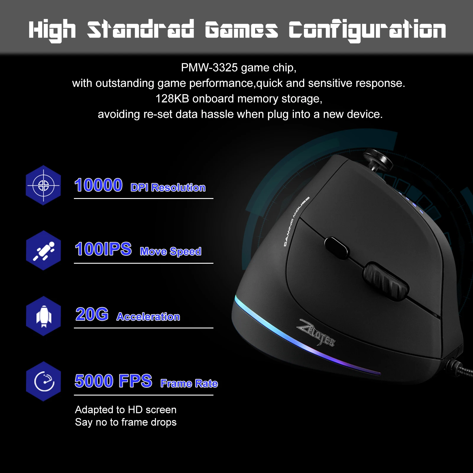 ZELOTES Vertical Gaming Mouse Wired USB Ergonomic Mice RGB Joysticks Programmable Laser Mice 10000 DPI For Gamer PC Computer C18