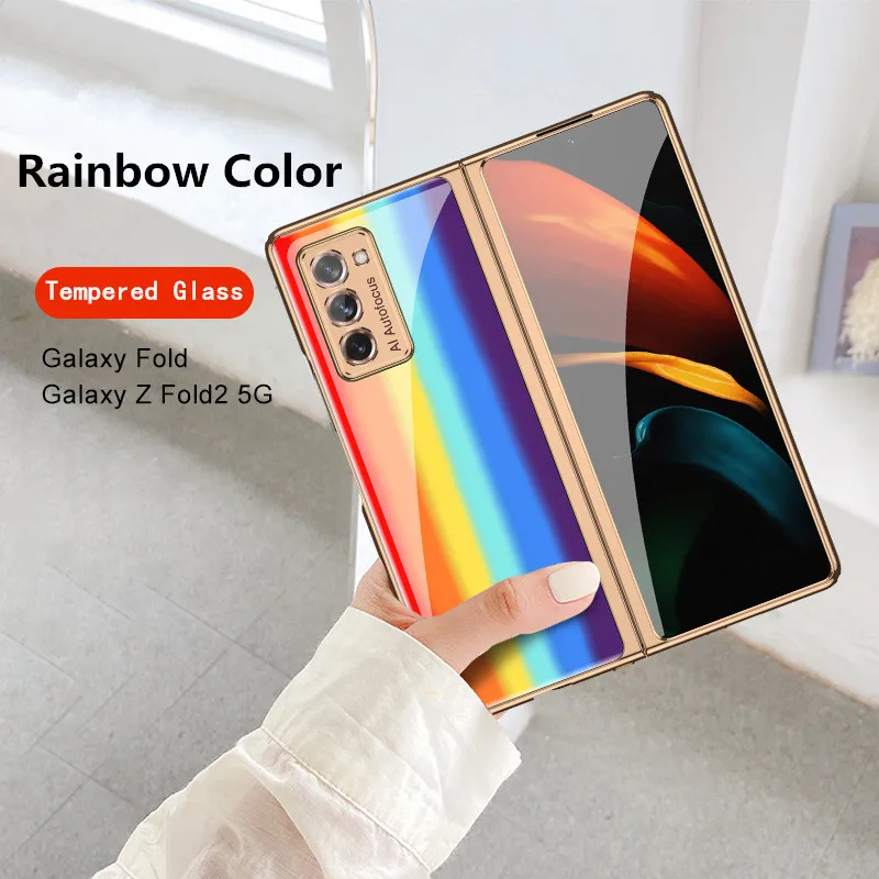 Luxury Fashion Tempered Glass Fold Case for Samsung Galaxy Z Fold 2 Rainbow Plating Frame Shockproof Back Cover for Fold2