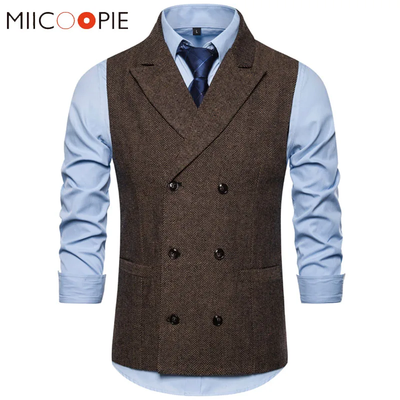 Mens Double Breasted Brown Suit Vest 2019 Brand Casual Solid Color Business Sleeveless Waistcoat Gentlemen Chalecos Para Hombre