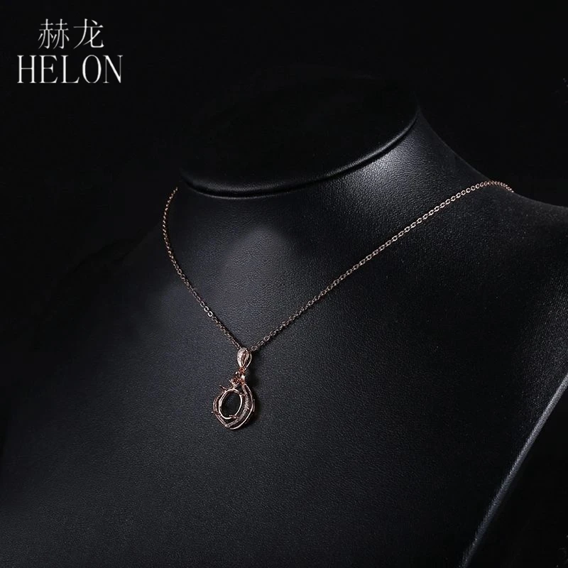 HELON Oval Cut 9x11mm Solid 14K Rose Gold Natural Diamonds Semi Mount Pendant For Women Wedding Fine Jewelry Diamonds Pendant