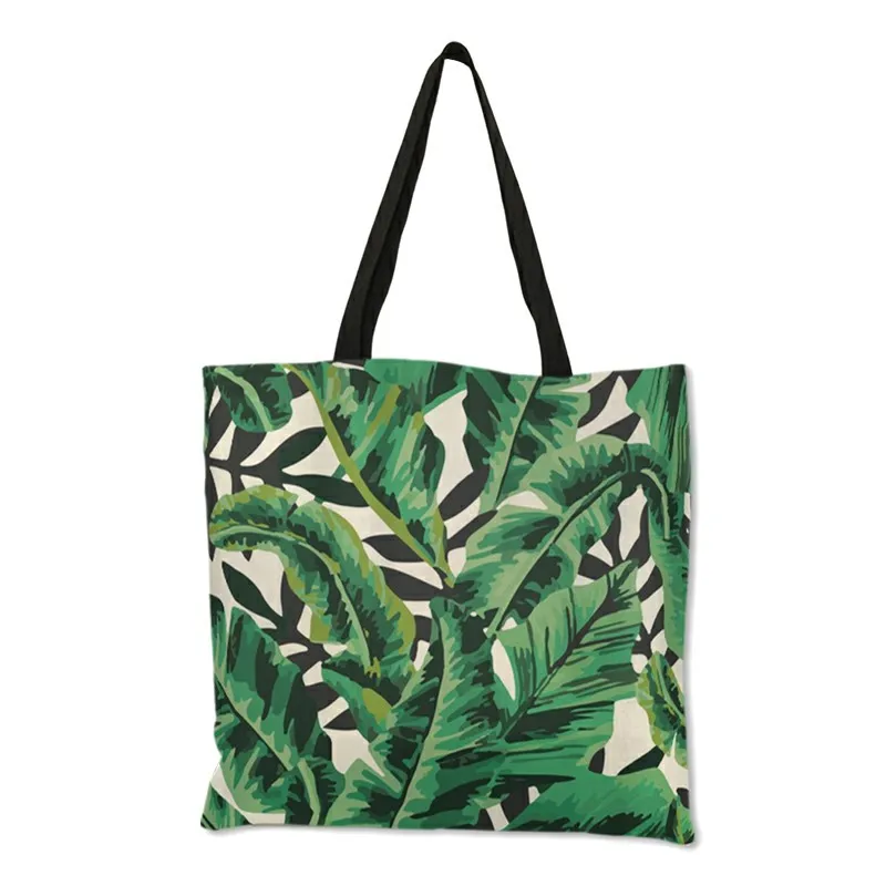 Flesh Style Women Totes Tropical Green Plant Leaves Prints Hand Bags Eco Linen Girls School Office Decorative Shoulder Bag