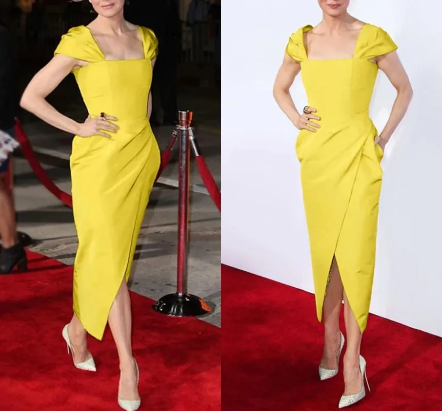 

Sheath Yellow Split Prom Dresses 2024 Square Short Sleeve Ankle Length Satin Robe De Soiree Evening Formal Gown Celebrity Style