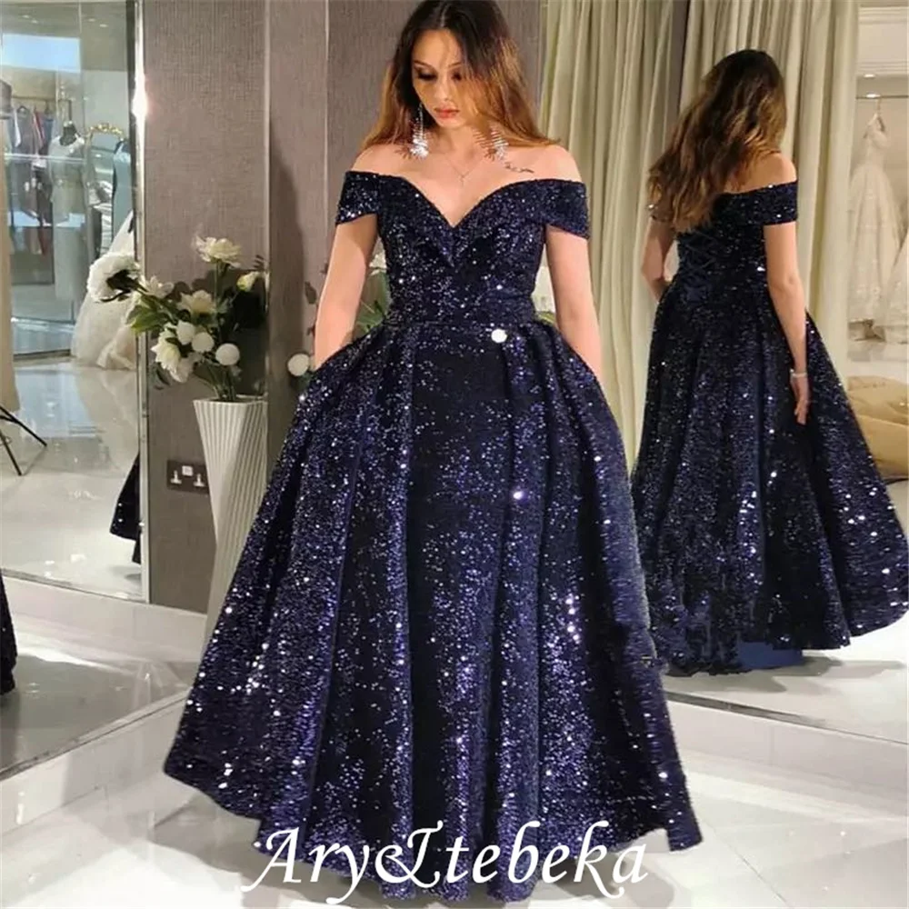 Sparkly Dark Navy Evening Dresses Long Off Shoulder Lace Up Bling Bling Sequined Formal Women Gowns Party 2022 Robe De Soiree