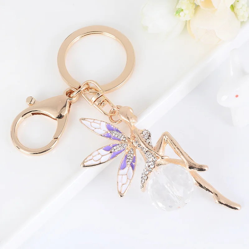 Fashion Elegant Jewelry Angel Keyring Metal Rhinestone Butterfly Fairy Bag Pendant Car Key Ring Keychain Women Girl Gift Trinket