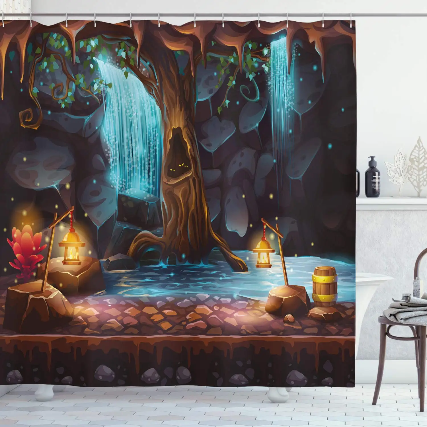 Fantasy Decor Shower Curtain by Enchanted Forest with Cave Waterfall and Magic Tree Barrel of Gold Elf Image Bathroom Decor Set