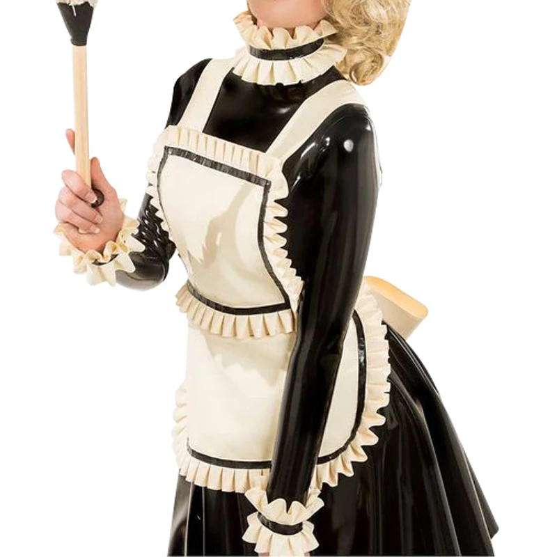 Sexy French Maid Latex Dress With Strips On Big Apron Zipper At Back Rubber Uniform Bodycon Playsuit LYQ-0235 view 2