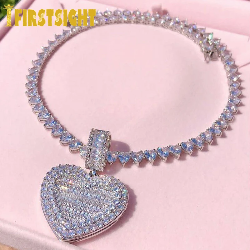 Iced Out Bling można otworzyć w kształcie serca zdjęcie wisiorek naszyjnik serca łańcuch tenisowy cyrkonia moda kobiety mężczyźni biżuteria