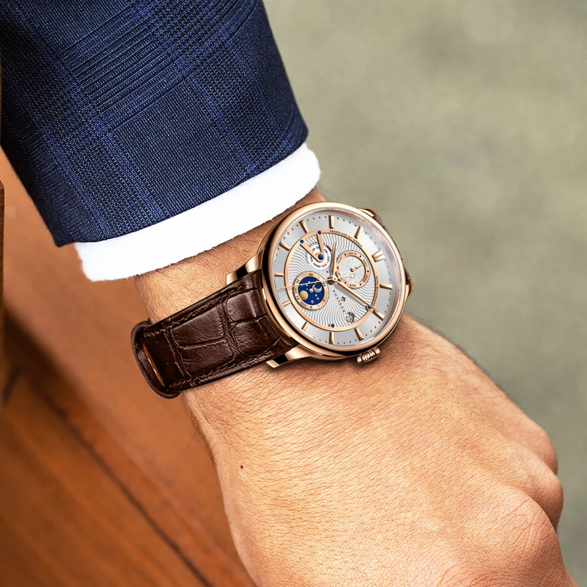 PONIGER Luxury Men's Automatic Mechanical Watch Sapphire Glass Waterproof Men Watches Multi Function Date Calendar Clock