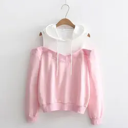 Sonbahar yeni moda askısız omuz sahte iki parçalı kapüşonlu sweatshirt kadınlar