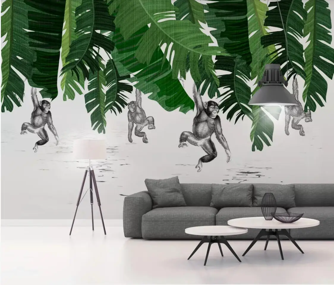 

Tropical Wallpaper Monkey Popular Wall Murals Painting Home Wall Decor Banana Leaf Wallpaper Canvas Prints Large HD Wall Decor