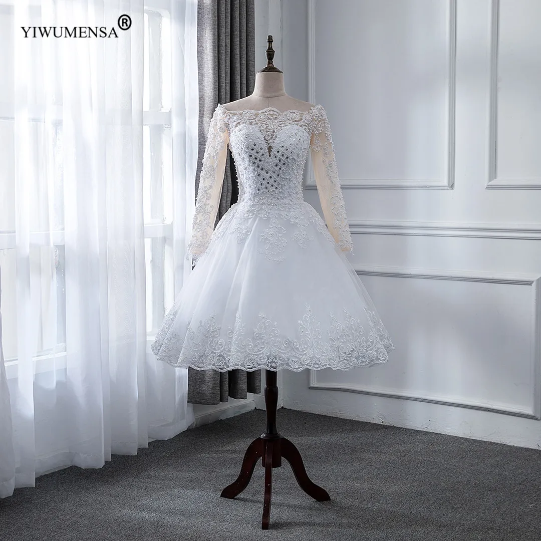 Illusion Tulle A Line Abiti da sposa Cristalli Applicazioni di perline Abito da sposa Gonna corta su misura Abbigliamento da matrimonio per donna