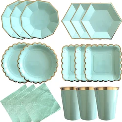 Disposable Tableware Mint Green Gold Party Napkins Paper Plates Straw Cup Kids Birthday Party Supplies Favor Wedding Decoration