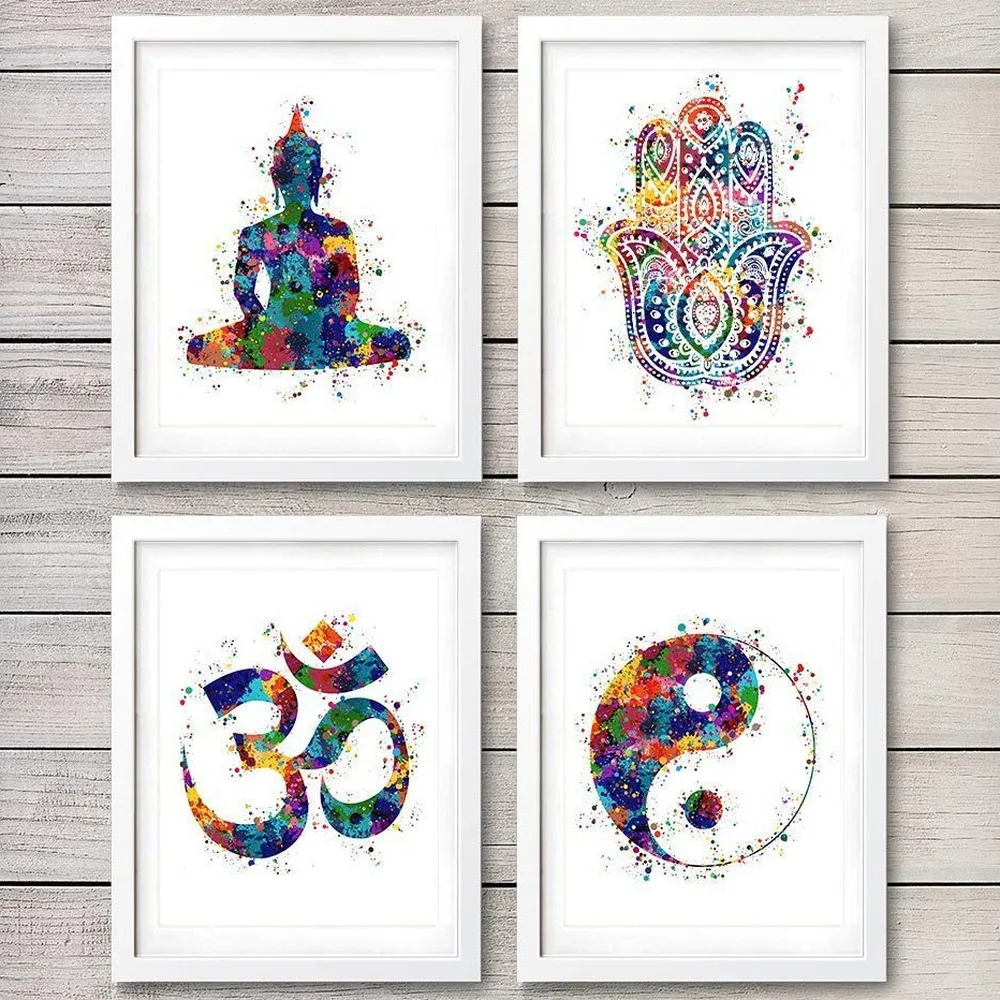 

Yoga Art Canvas Painting Poster Hand of Fatima Lotus Meditation Tai Chi Murals Gym Bedroom Home Wall Decor Pictures Just Breathe