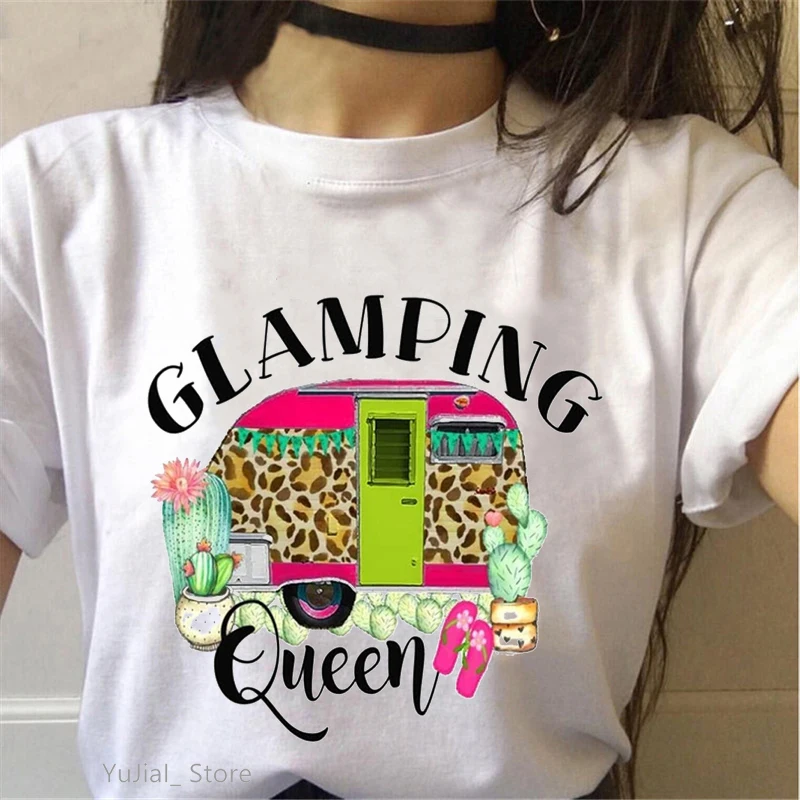 

Glamping Queen Graphic Print Women Tshirts Cactus Leopard T Shirt Femme Harajuku Kawaii Clothes Female T-Shirt Summer Top