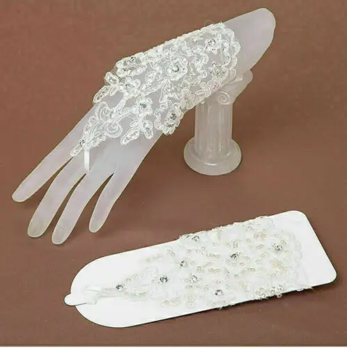 

White Wedding Gloves Fingerless Rhinestone Finger Hook Beaded Lace for Formal