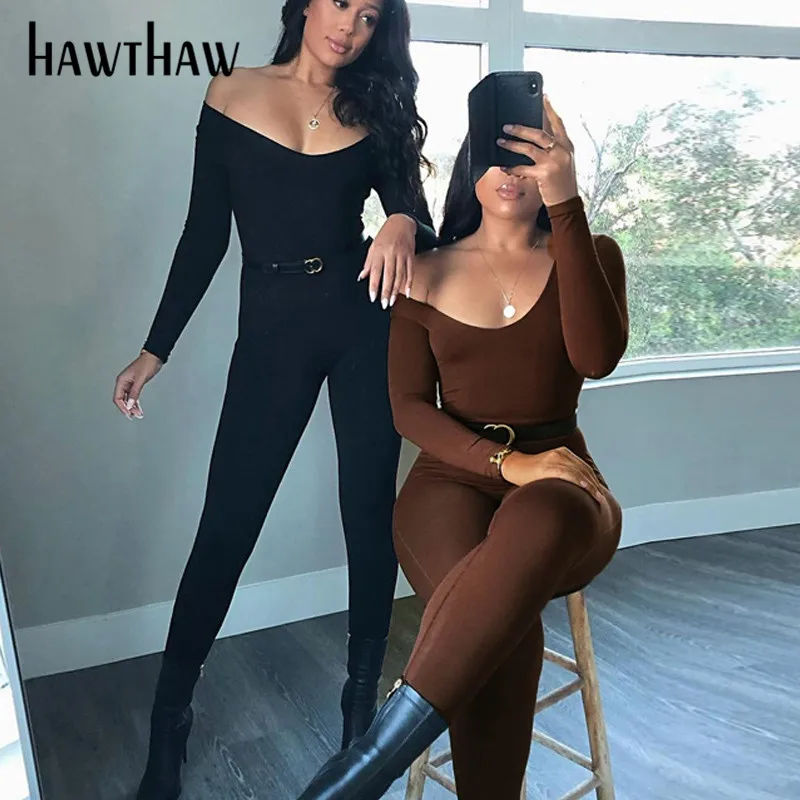 Hawthaw Women Autumn Winter Long Sleeve Soild Color Bodycon Skinny Female Jumpsuit Playsuit Romper 2020 Fall Clothes Streetwear