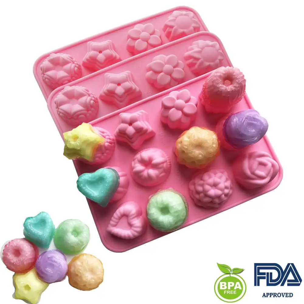 Silicone Fondant Cake Mold 12-Cavity Flower Soap Mold Non-Stick Muffin Pans Ice Cube Trays Chocolate Jelly Candy Baking Mould