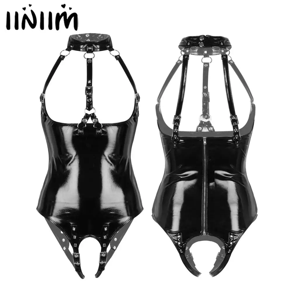 

Womens Exotic Bodycon Bodysuit Open Crotch Sissy Latex Costumes Clubwear Wetlook Leather Lingerie Bare Breast Crotchless Buckle