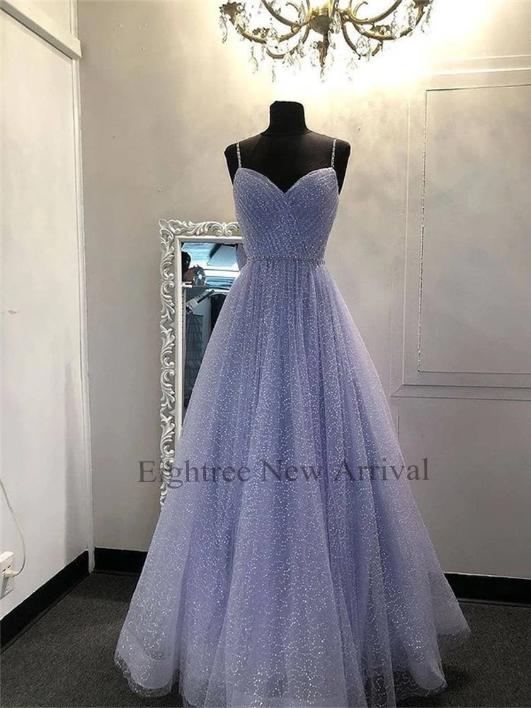 Glitter 2 Designs Lavender A Line Spaghetti Long Evening Prom Dresses Sweetheart Sleeveless Formal Party Gown Graduation Dress