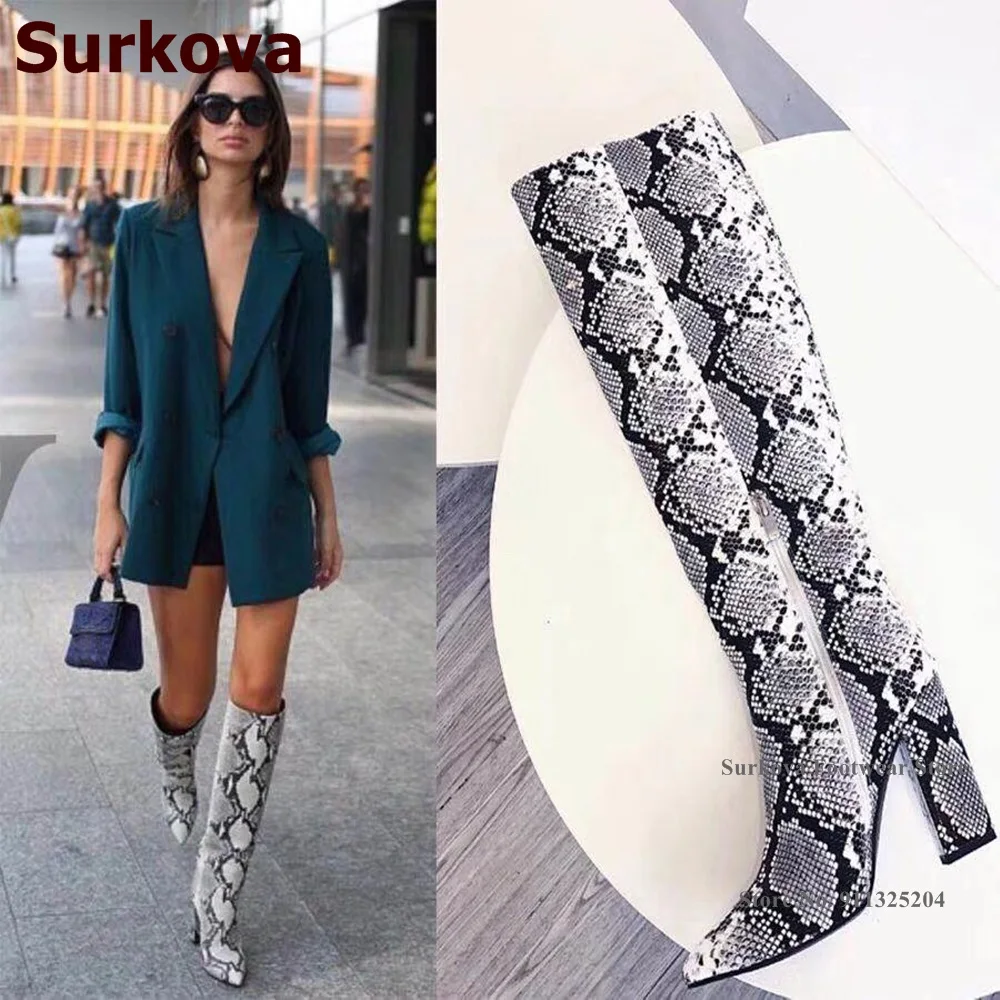 

Surkova Chunky Heel Green Sankeskin Knee Boots Sexy Python Printed Pointed Toe Tall Boots Size46 Fall Winter Dress Shoes