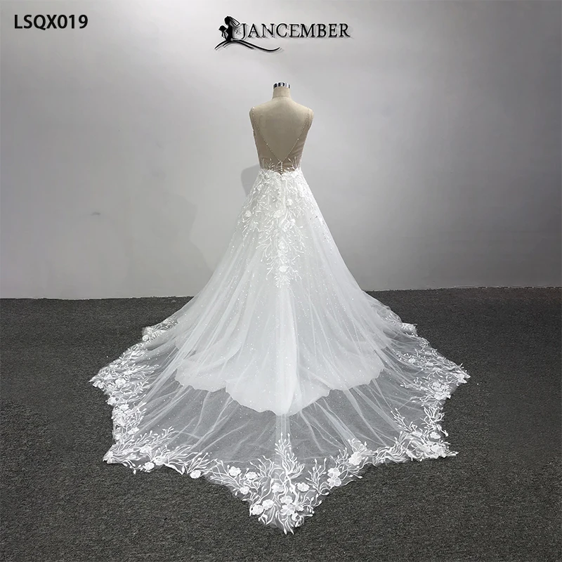 LSQX019 2021 new wedding dress a line with sequins lace sleeveless v neck blackless white wedding dress белое кружевное платье