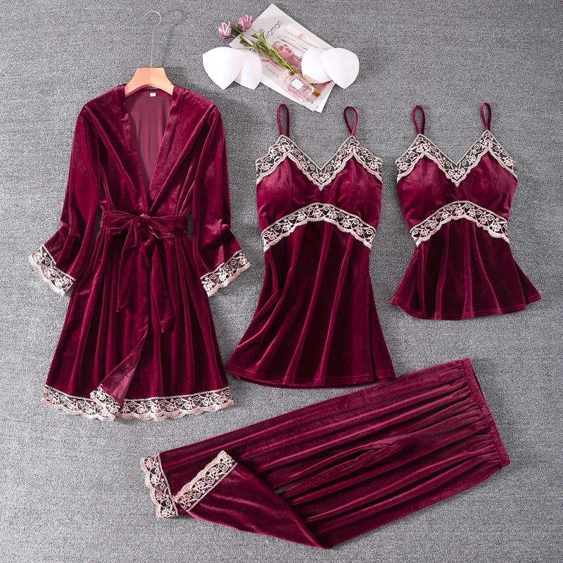 4PCS Robe Suit Sexy Ladies Kimono Bathrobe Gown 2020 Winter New Sleepwear Nightgown Soft Velour Nightdress Intimate Lingerie