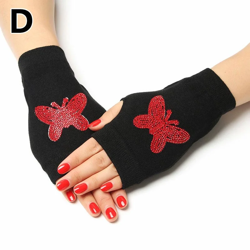 Frauen Halb Finger Hand Wärmer Fingerlose Handschuhe Funkelnden Gestrickte Handschuhe Winter Schwarz Strass