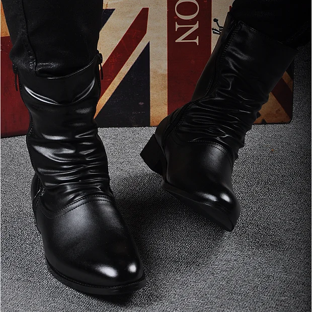 Idopy New Spring Autumn Men Pointed Toe Lace Faux Leather Boots Male Punk Leather High Heels Shoes Zipper Booties