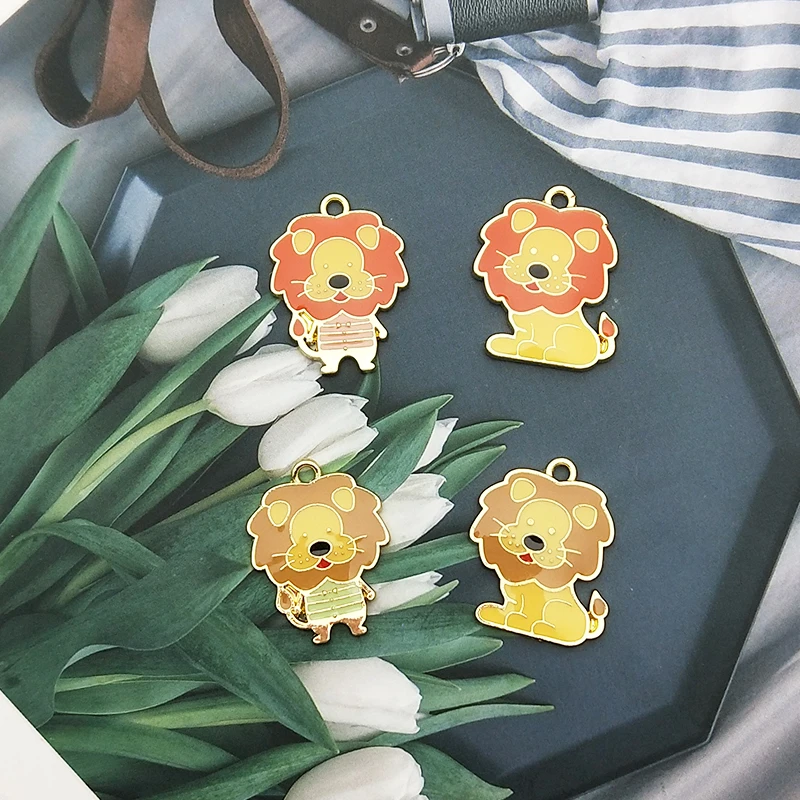 ApeUr 10pcs/bag Lovely Lion King Enamel Charms Gold Metal Animals Pendants  For DIY Handmade Jewelry Earring Accessories