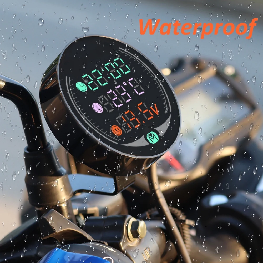 Motorcycle Voltmeter ATV Electronic Clock Thermometer 3-In-1Universal LED  Display Voltmeter 12V 24V 36V Waterproof Round