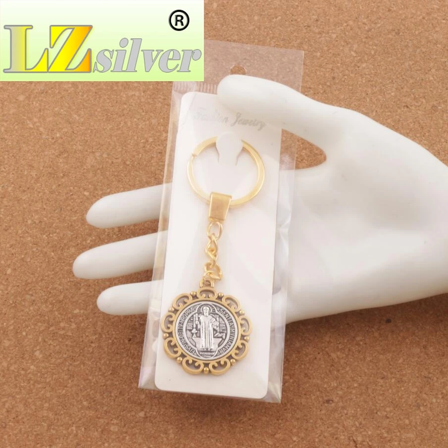 12pcs 30mm Keychain Flower Saint Benedict Exorcism Medal Catholic Cross Key Ring Travel Protection 33mm Pendant K1705