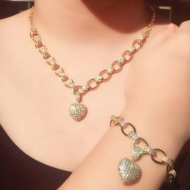A Pairs Bling Micro Pave Disco CZ Lovers Heart Charm Pendant Necklace Bracelet For Women Men Luxury Jewelry Sets Couple Gift