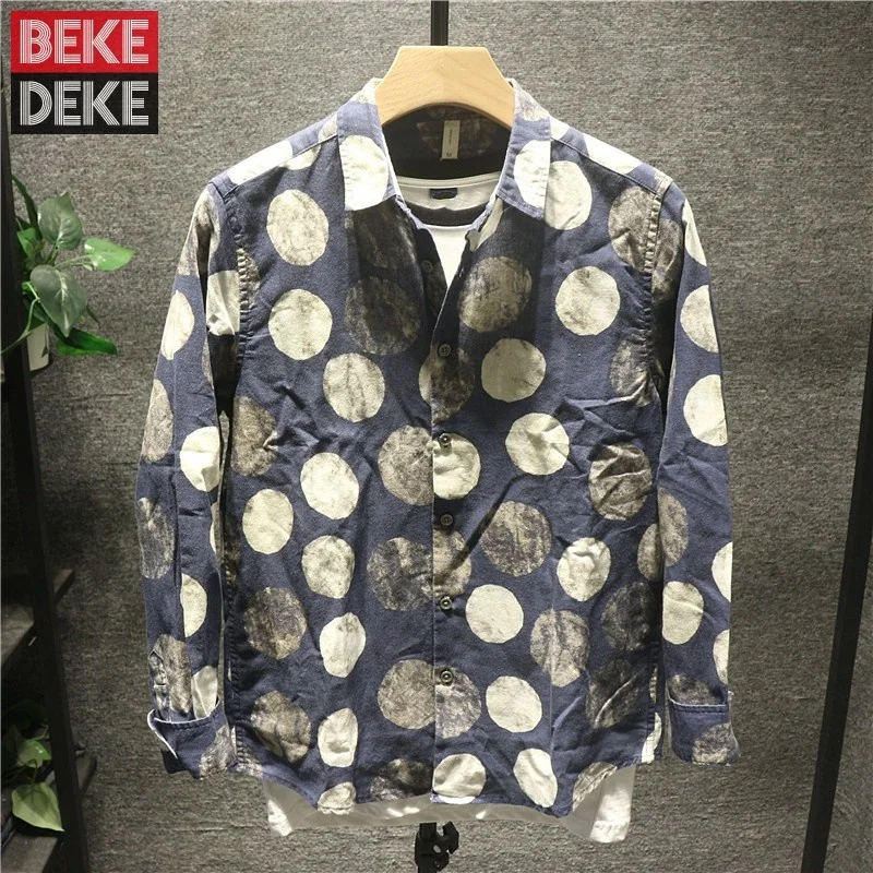 

Long Vintage Sleeve Linen Shirt Men Single Breasted Casual Tops New Spring Autumn Fashion Harajuku Dot Pattern Printing Shirts
