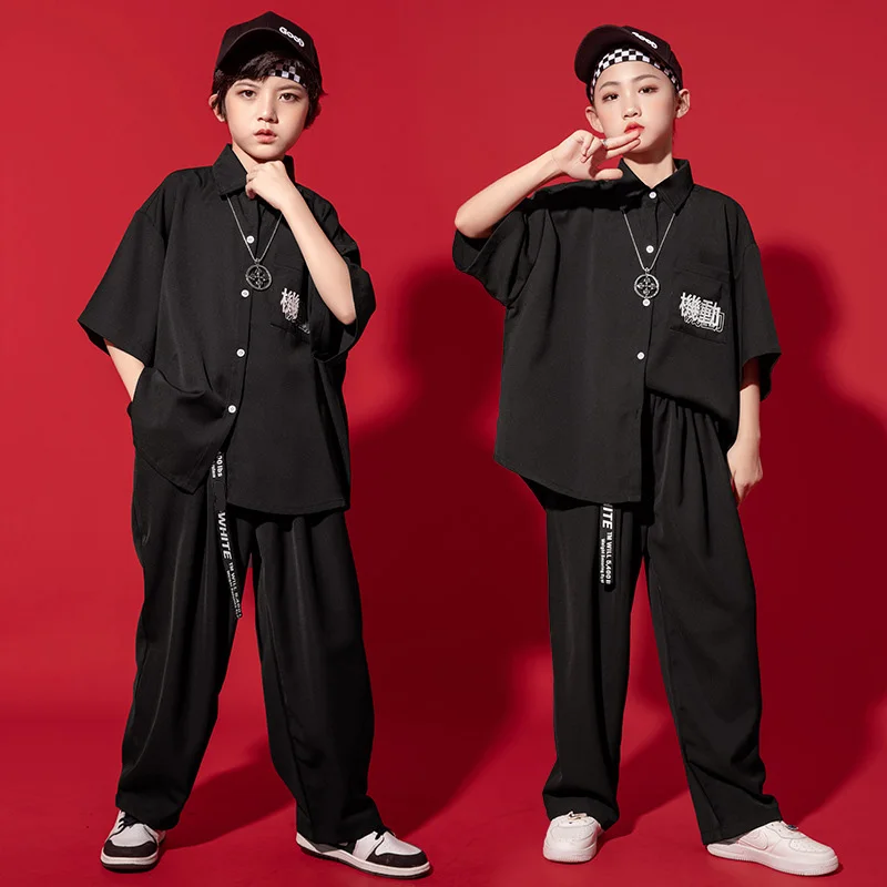 

Kid Kpop Hip Hop Clothing Black Oversized Shirt Top Short Sleeve Loose Streetwear Baggy Pants for Girl Boy Dance Costume Clothes