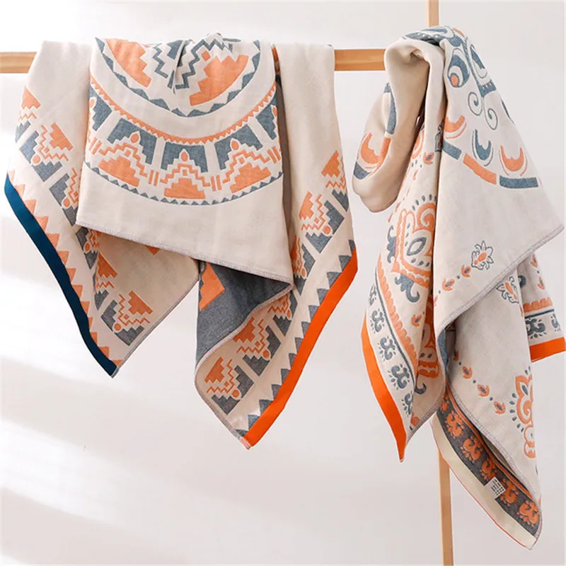 Absorbent Muslin Cotton Bath Towel for Adults and Kids, Bohemian Style, Soft Beach Towel, Geometric Breathable Towels Bathroom