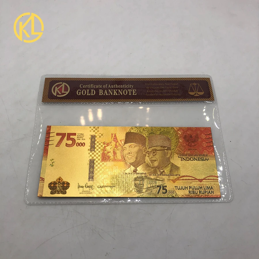 

Newest Style Indonesia Colored Gold Banknote 75000 Rupiah Gold Foil Banknote with Plastic Frame for Nice Collection