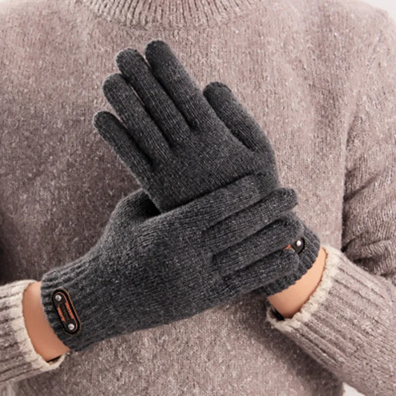 Winter Touch Screen Wool Knit Warm Full Finger Driving Glove Men Double Layer Thicken Elastic Nonslip Cycling Mittens H97