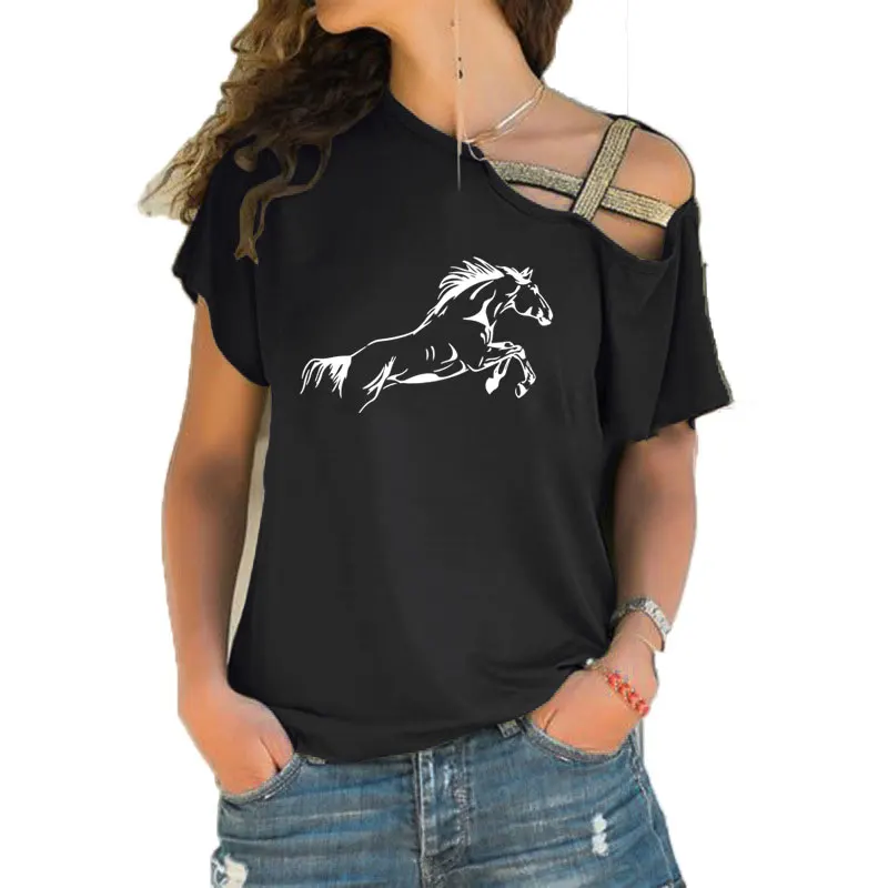 Women T Shirt Interesting running horse Shirt Lover Gift T-shirt Animal Art Graphic Irregular Skew Cross Bandage Tops Tee