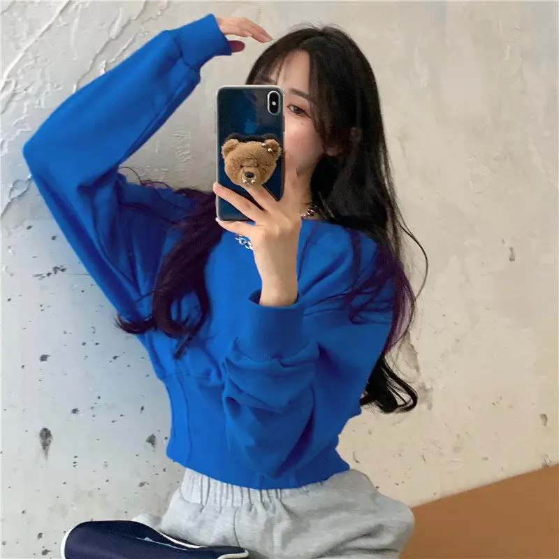 Hoodies Womens Loose O-Neck Crop Tops Thicken High Waist Harajuku Ulzzang Design Batwing Sleeve Sweatshirts Female Pullovers New