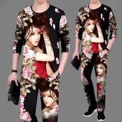 New men's sportswear suit male 3D personality girl pattern long-sleeved casual slim T-shirt trousers 2-piece printed clothes