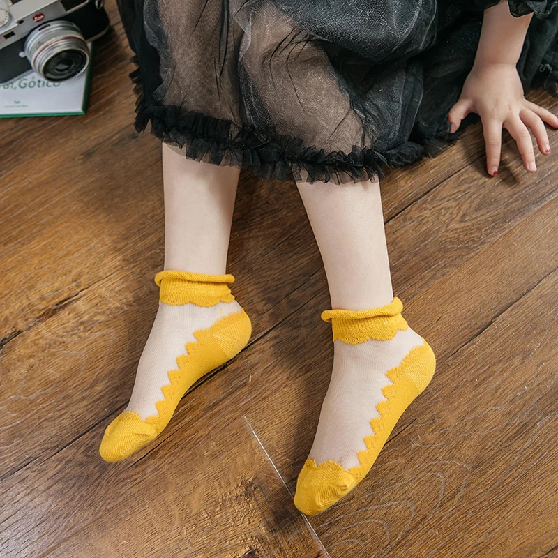 5 Pairs/lot Children\'s Girls Summer Ultra-thin Socks Kids Girls Crystal Sheer Socks Invisible Edge-rolling Mouth Short Socks