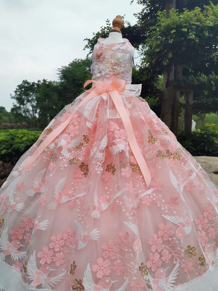 Handmade Clothes Dog Trailing Dress Birds Sing Vigorous Pink Embroidery Pearl Flowers Lace Skirt Dancing Party Pet Wedding Gown