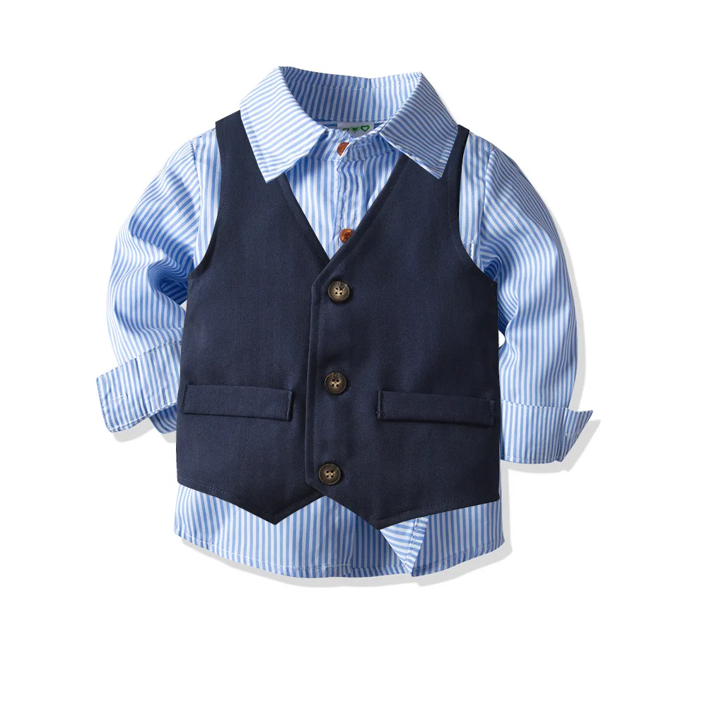 4pcs Boys Suits Baby Striped Shirt Vest Trousers Formal Blazer British Gentleman Cardigan Weddings Clothes Set Kids Dress Jacket