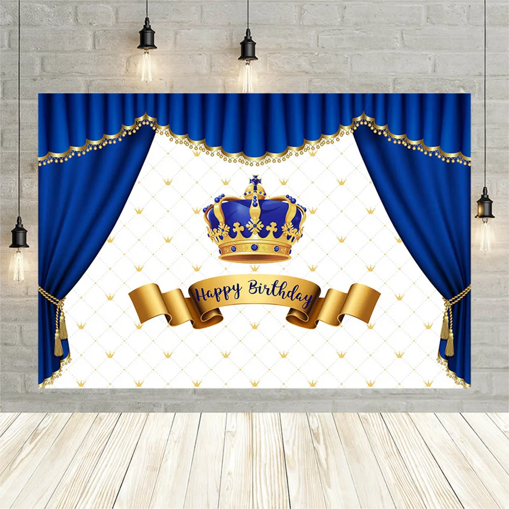 Avezano Royal Prince Birthday Party Backdrop Blue Curtain Gold Crown Boy Baby Shower Background For Photo Studio Photophone Prop