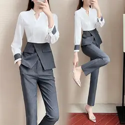 Long Sleeve Trouser Suit Female For Autumn 2024 New Fashion Patchwork Elegant Profession Pantsuits 2 Piece Clothing Sets Women