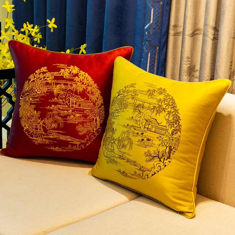 Chinese Embroidery landscape Satin Fabric Cover Cushion Pillow Case Sofa Chair Office Home Decorative Ethnic Lumbar PillowCases