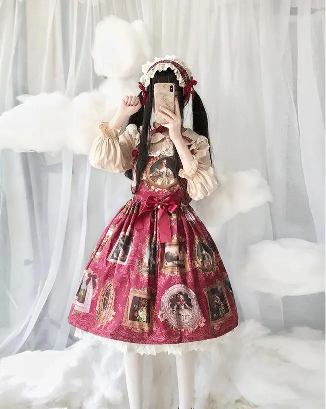 Sweet Lolita Vintage Falbala Bowknot น่ารักพิมพ์สูงเอวเจ้าหญิงชุดวิคตอเรีย Kawaii สาว Gothic Lolita Cos Loli