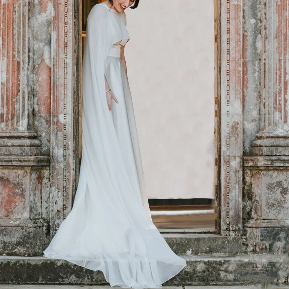 Da sposa Da Sposa Lungo Chiffon Del Capo Convenzionale Del Partito di Pranzo Della Signora Mantello O-Collo di Promenade Delle Donne Dello Scialle Elegante di Alta-bassa Wrap Avorio 11 colori