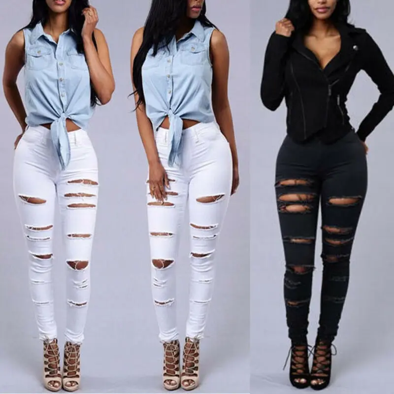 

Skinny Jeans Women Denim Holes Pants Destroyed Pencil Pants High Waist Casual Trousers Black White Stretchy Ripped Jeans