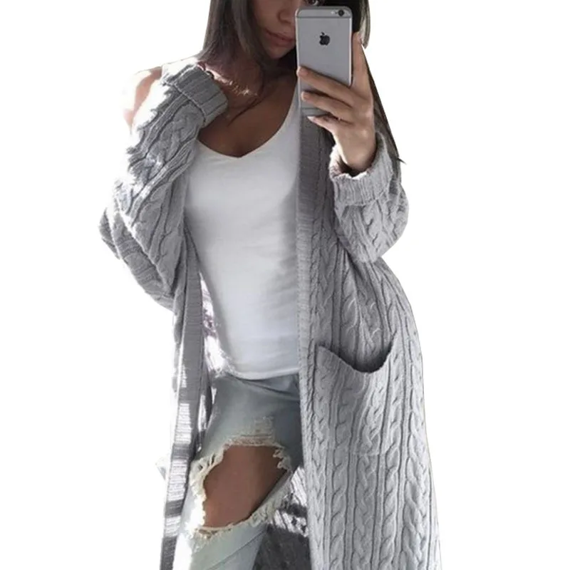 

Fad Women's Autumn Spring Long Sweaters Oversized Casual Female Cardigans Open Stitch with Pockets Solid Knitted Outwear Ladies